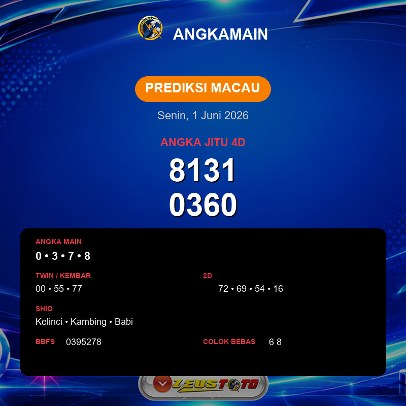 Prediksi togel Macau hari ini lengkap 2D 3D 4D 1 Juni 2026