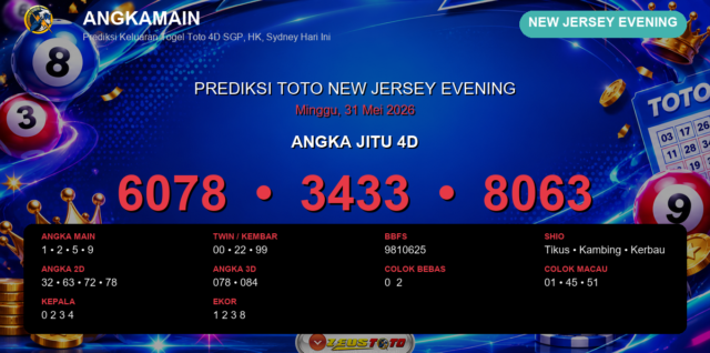 Prediksi togel New Jersey Evening hari ini lengkap 2D 3D 4D 31 Mei 2026