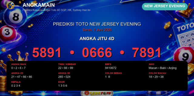 Prediksi togel New Jersey Evening hari ini lengkap 2D 3D 4D 1 Juni 2026