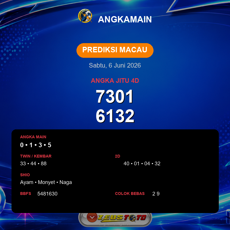 Prediksi togel Macau hari ini lengkap 2D 3D 4D 6 Juni 2026