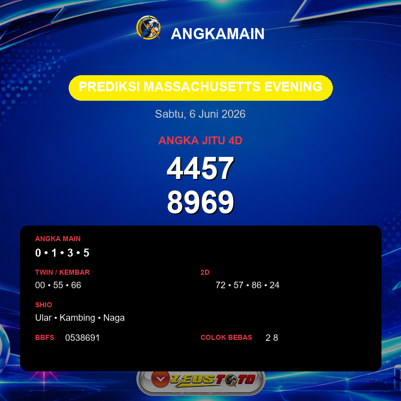 Prediksi togel Massachusetts Evening hari ini lengkap 2D 3D 4D 6 Juni 2026