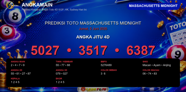 Prediksi togel Massachusetts Midnight hari ini lengkap 2D 3D 4D 5 Juni 2026