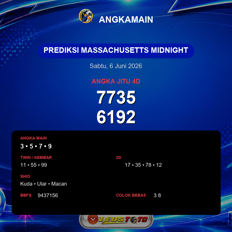 Prediksi togel Massachusetts Midnight hari ini lengkap 2D 3D 4D 6 Juni 2026