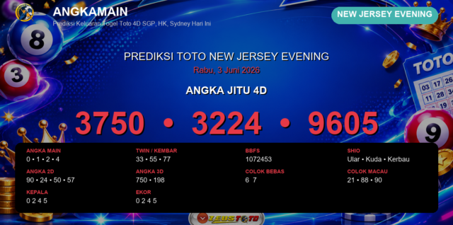 Prediksi togel New Jersey Evening hari ini lengkap 2D 3D 4D 3 Juni 2026