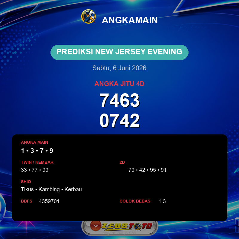 Prediksi togel New Jersey Evening hari ini lengkap 2D 3D 4D 6 Juni 2026