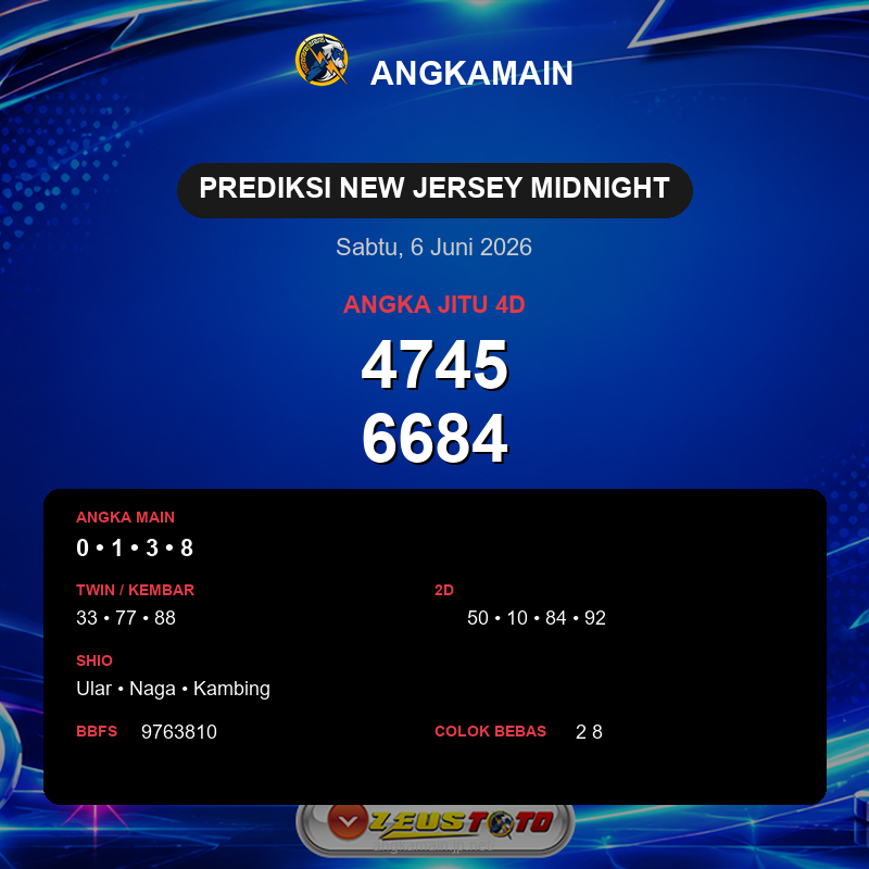 Prediksi togel New Jersey Midnight hari ini lengkap 2D 3D 4D 6 Juni 2026