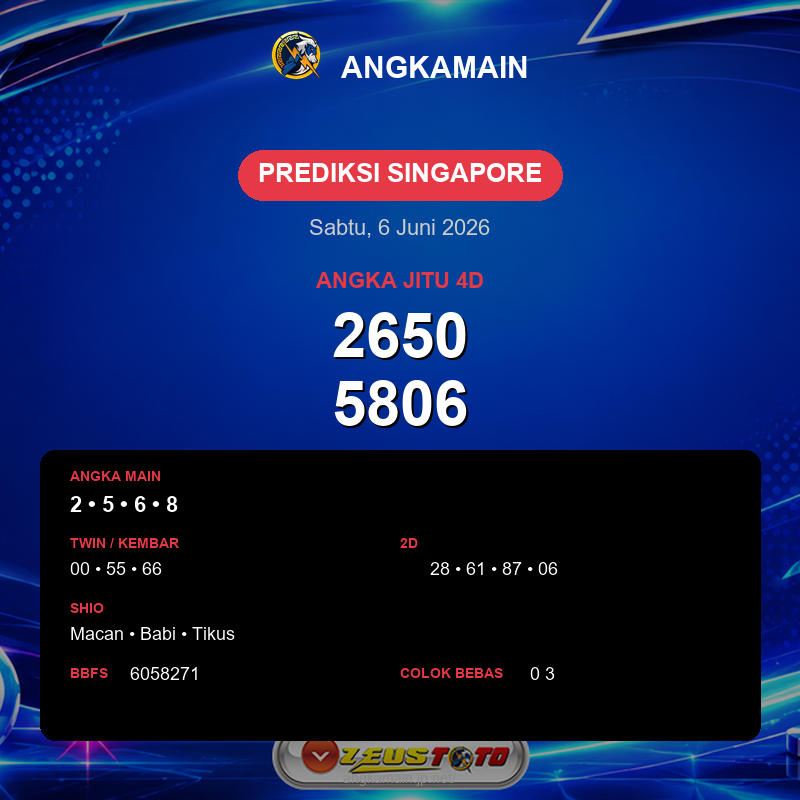 Prediksi togel Singapore hari ini lengkap 2D 3D 4D 6 Juni 2026